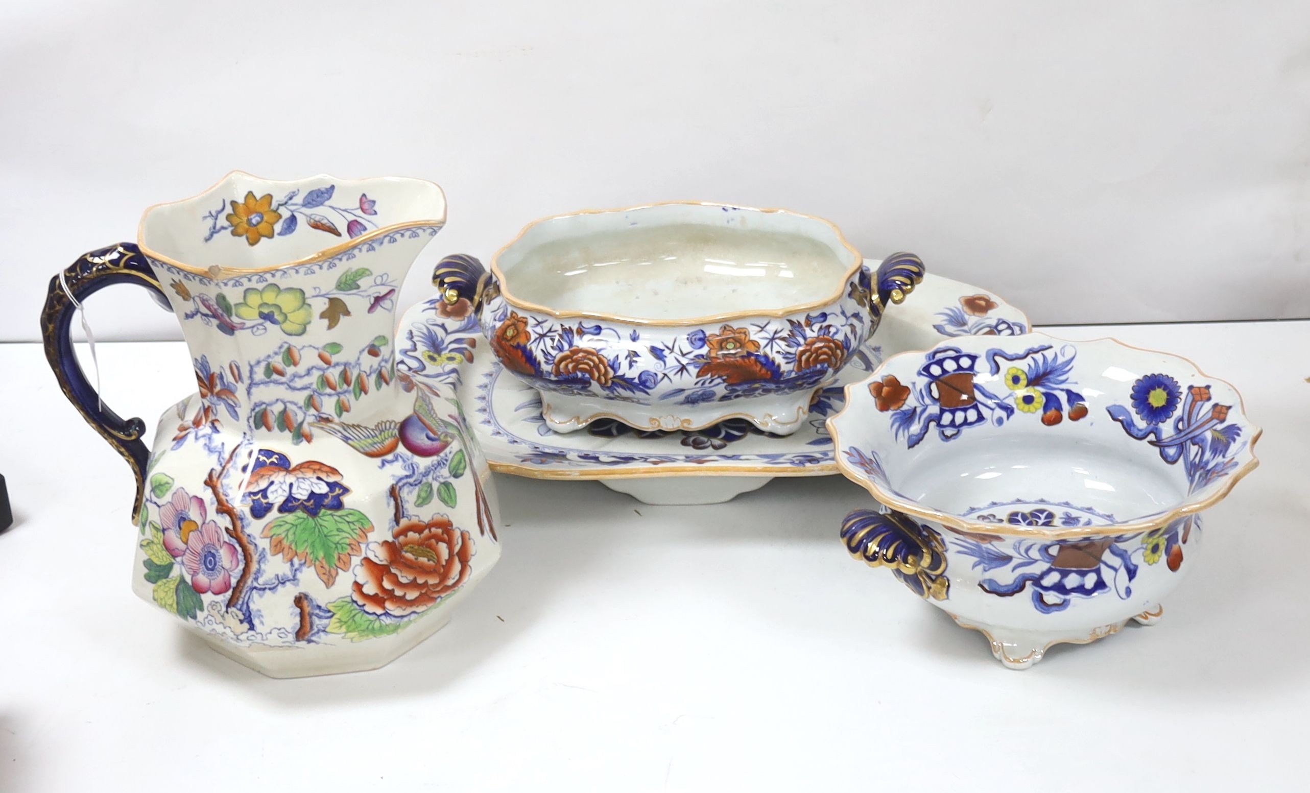 A19th century Ironstone meat platter, jug and 2 tureens, meat platter 48 cms wide.